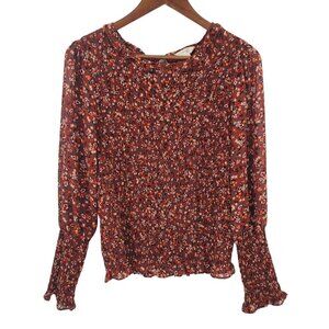 Terra & Sky Womens Floral Smocked Boho Blouse Top Sz 14W Brown Long Sleeve Fall